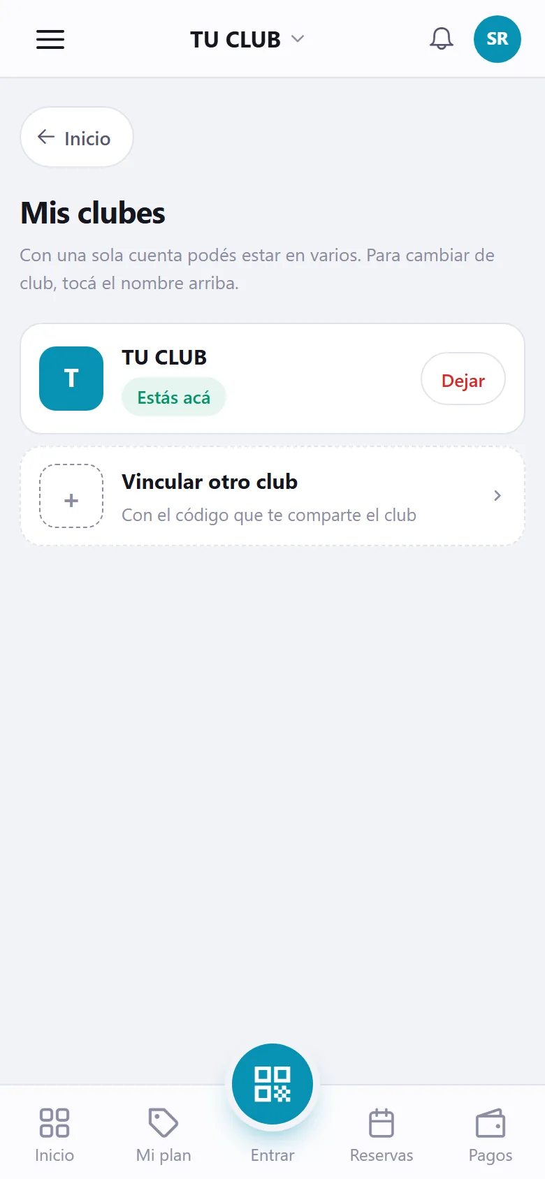 App del socio con la lista de sus clubes y la opción de sumar otro con el código que le da el club