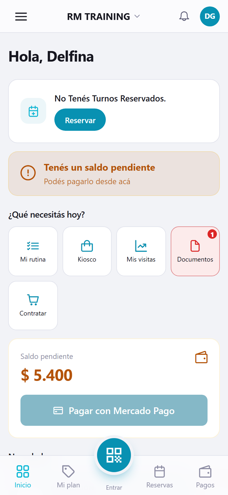 App del socio con su plan, sus turnos y su saldo