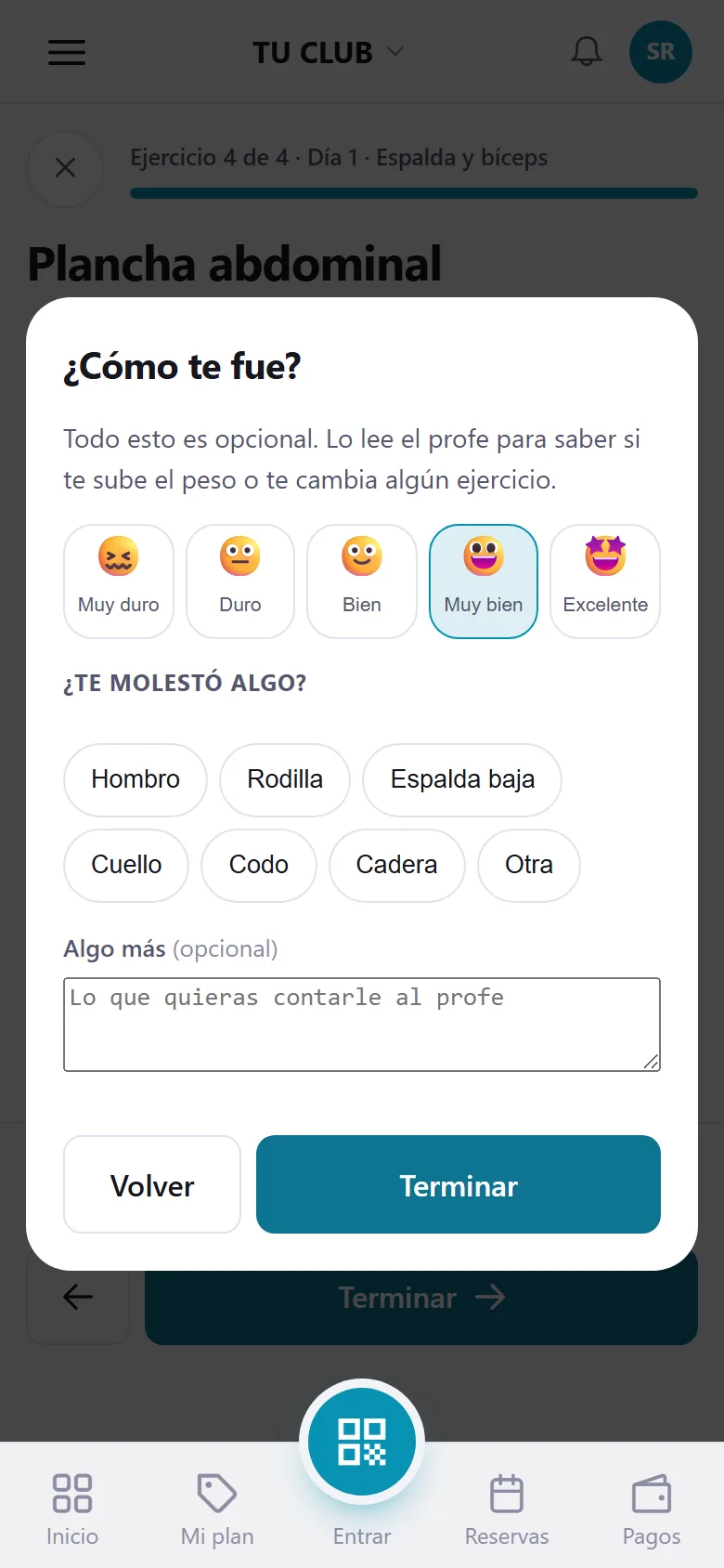 Pantalla de cierre del entrenamiento en la app, donde el socio indica cómo le fue y si algo le molestó