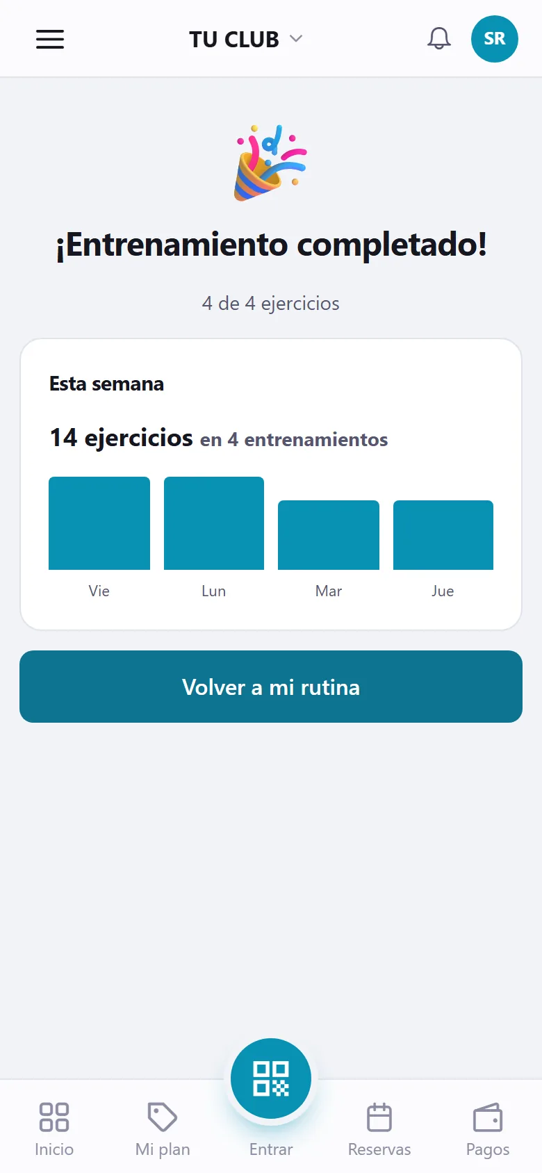 Aviso de entrenamiento completado en la app del socio, con el resumen de lo que entrenó en la semana