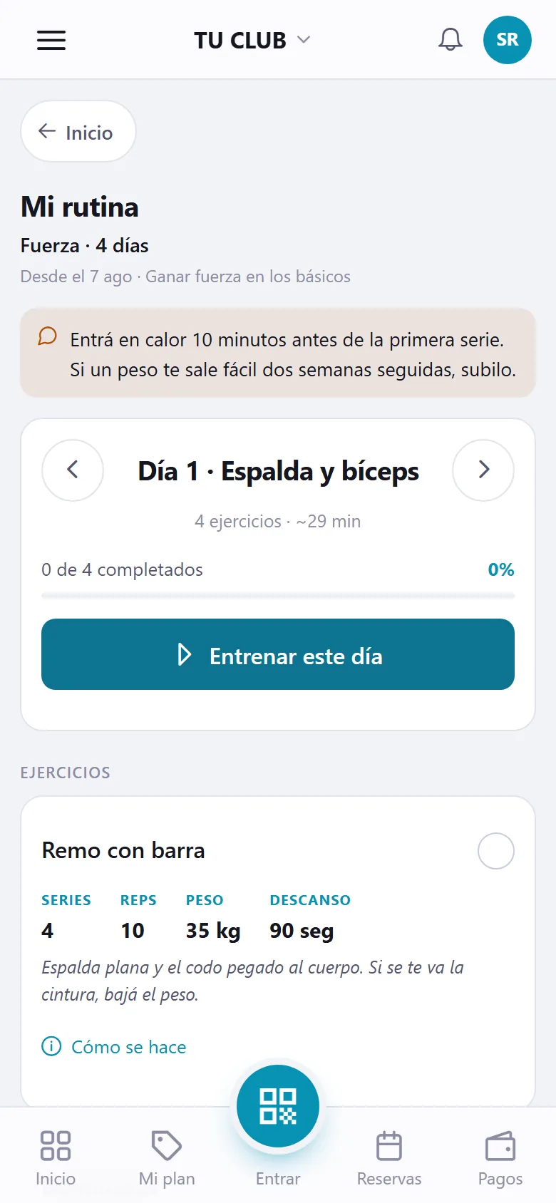 La rutina del socio en su app, con la indicación del profesor y el día que le toca entrenar