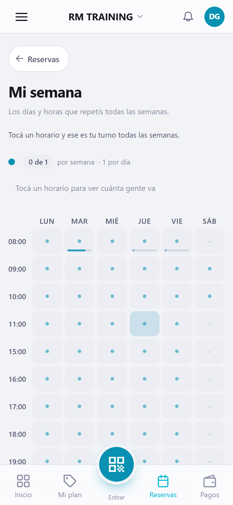 Grilla semanal en la app del socio para elegir sus horarios fijos